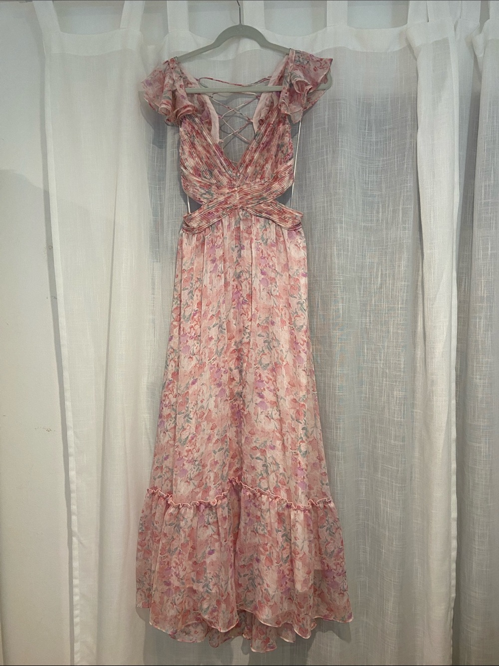 Astr Pink Floral Lace-Up Maxi Dress